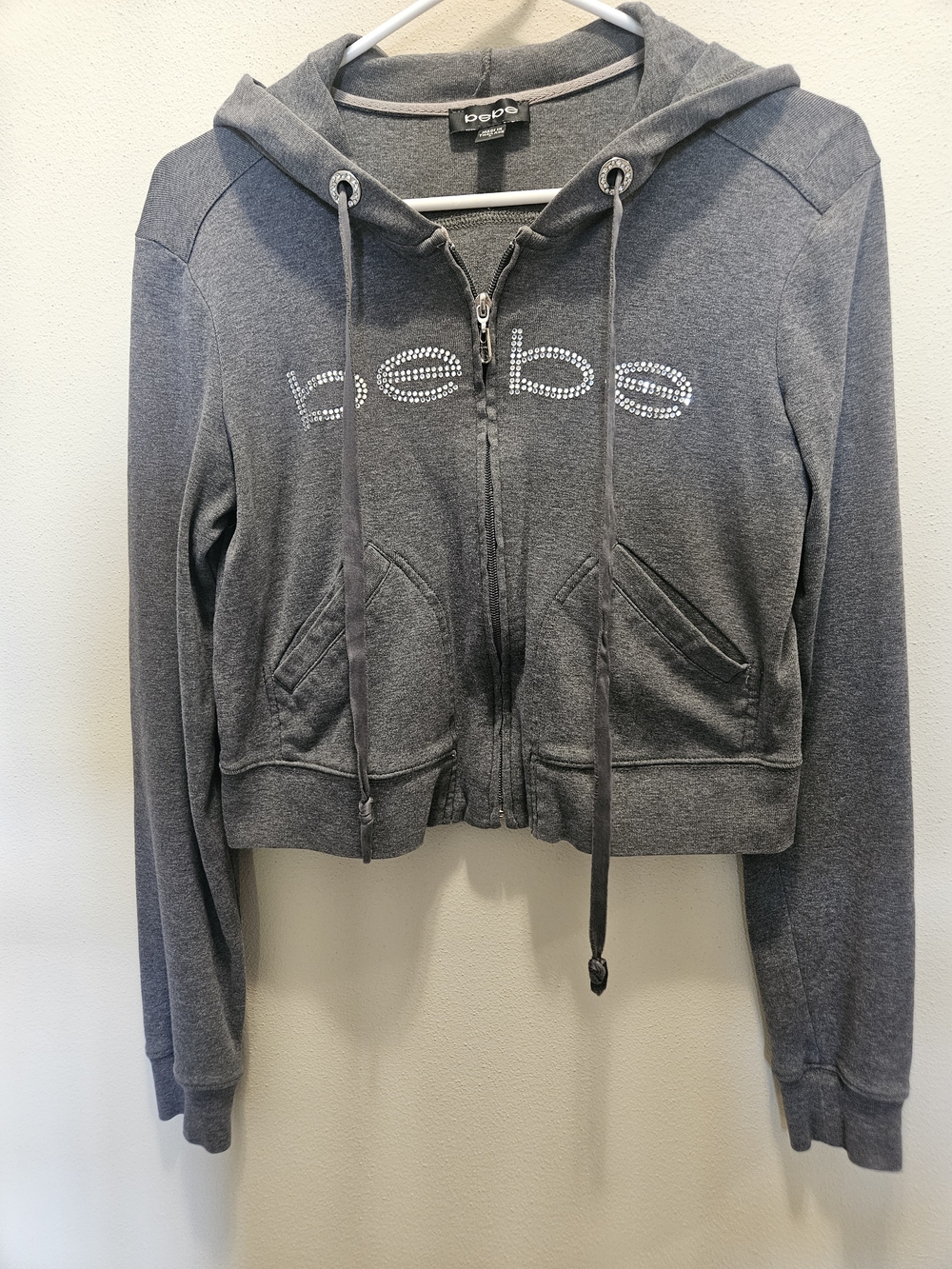 bebe Cropped Gray Rhinestone Logo Zip Hoodie